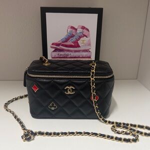 CHANEL Black Quilted Vanity Crossbody with Gold Chain and Card Suit Motifs